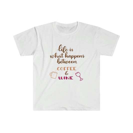 Life Happens Between Coffee and Wine soft t-shirt